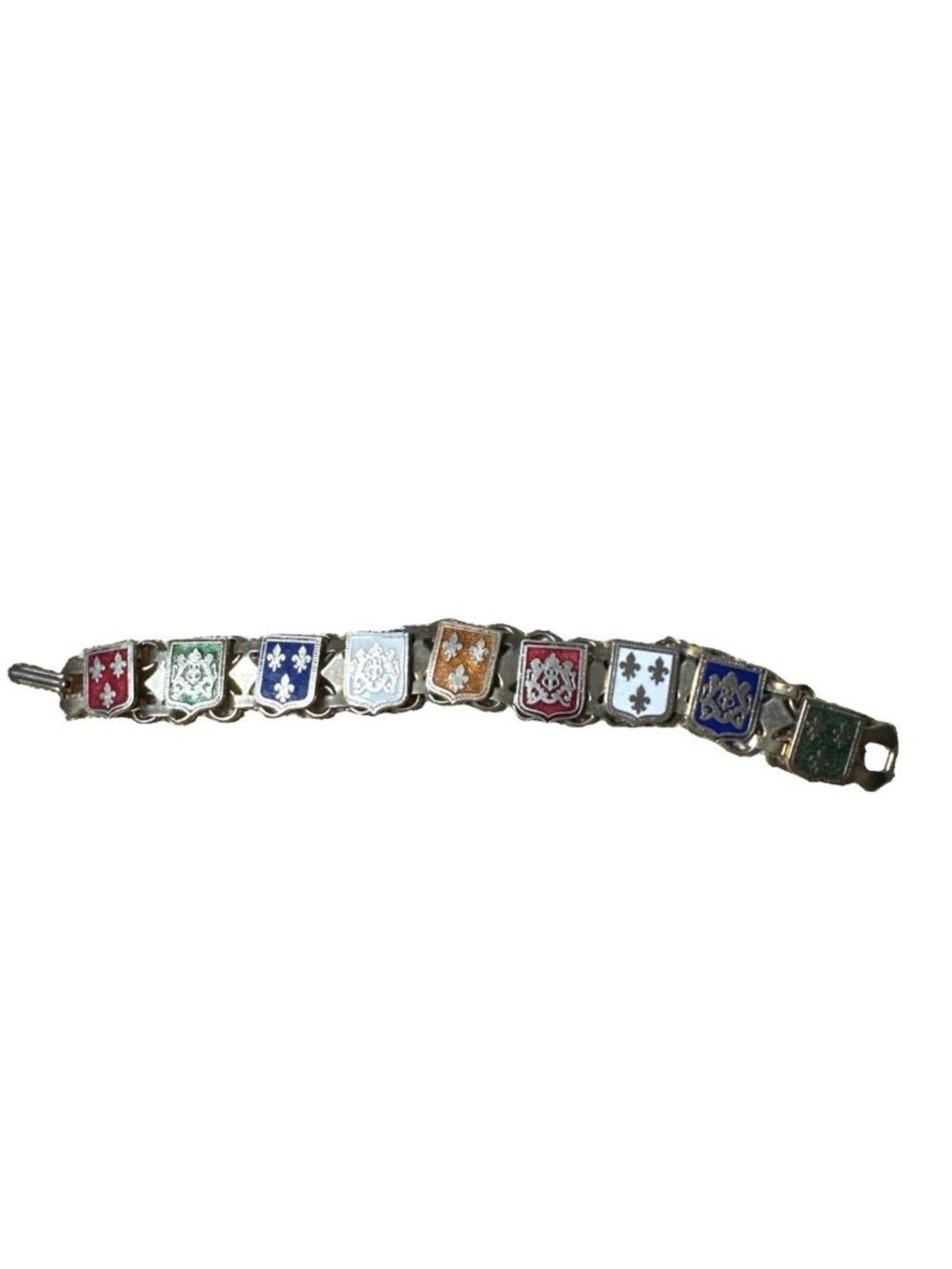 Vintage Fleur de Lis and French Coats of Arms Bracelet, Gold Tone Metal 7 In